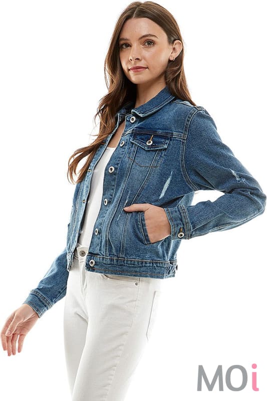 Stretch Denim Jacket With Distressing Medium Blue