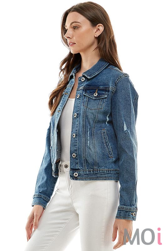 Stretch Denim Jacket With Distressing Medium Blue