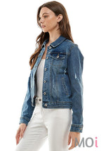 Stretch Denim Jacket With Distressing Medium Blue