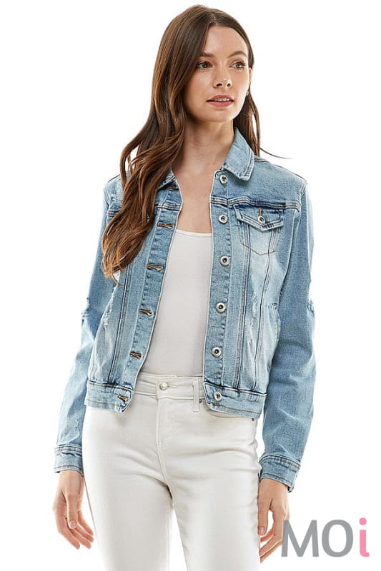 Stretch Denim Jacket With Distressing Light blue