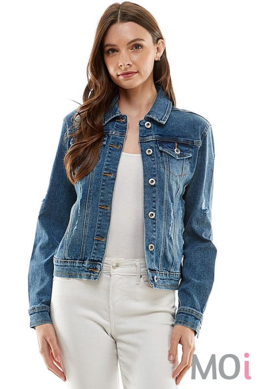 Stretch Denim Jacket With Distressing Medium Blue