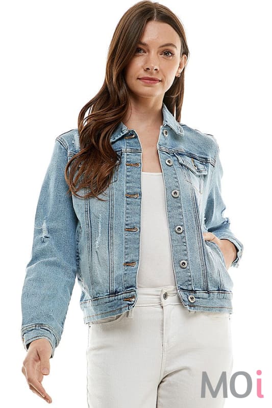 Stretch Denim Jacket With Distressing Light blue
