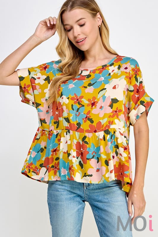 Floral Baby Doll Blouse Chartreuse