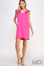 Solid Ruffle Sleeve Shift Dress Hot Pink