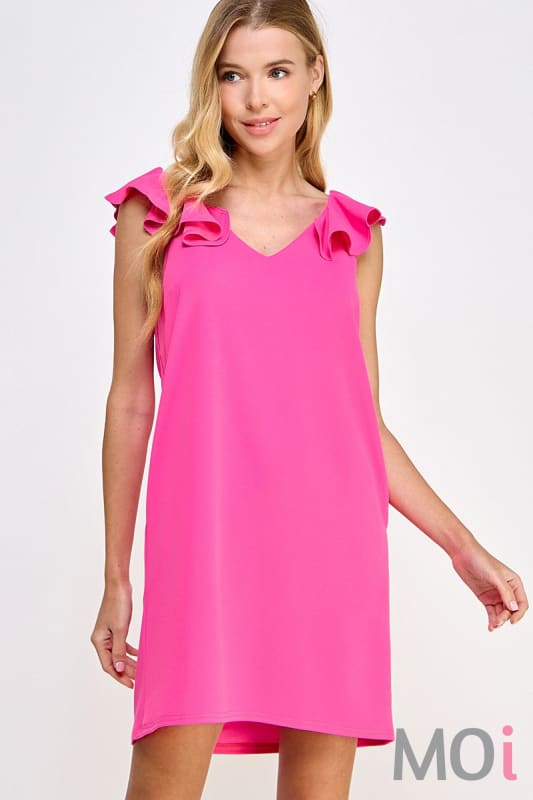Solid Ruffle Sleeve Shift Dress Hot Pink