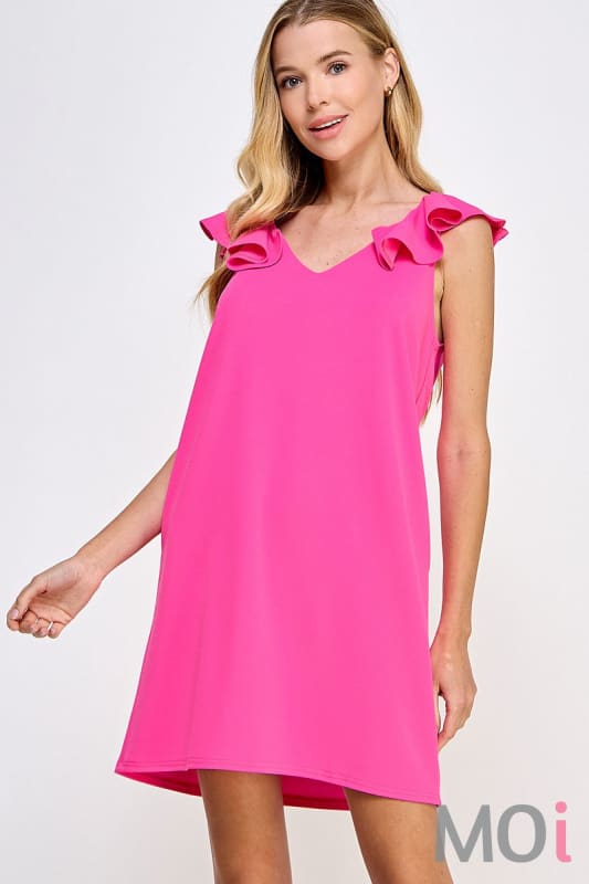 Solid Ruffle Sleeve Shift Dress Hot Pink