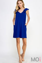 Solid Ruffle Sleeve Shift Dress Royal