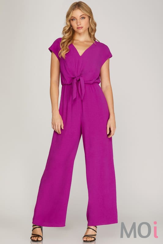 Short Sleeve Woven Jumpsuit Magenta Purple