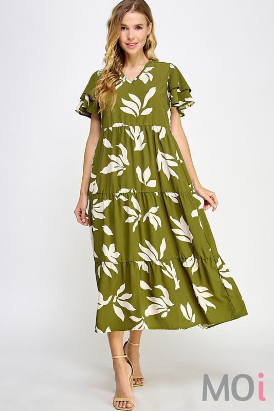 Tiered Midi Dress Olive Print