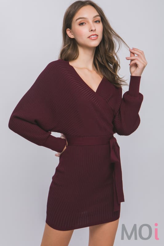 Off Shoulder Belted Sweater Dress Wine