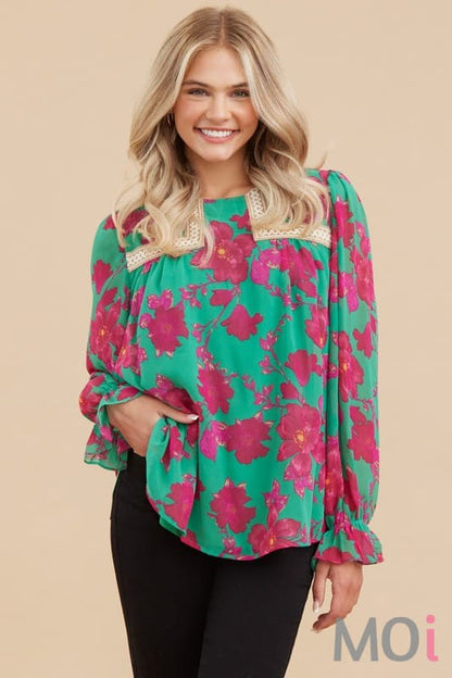 Floral Embroidery Yoke Top Green