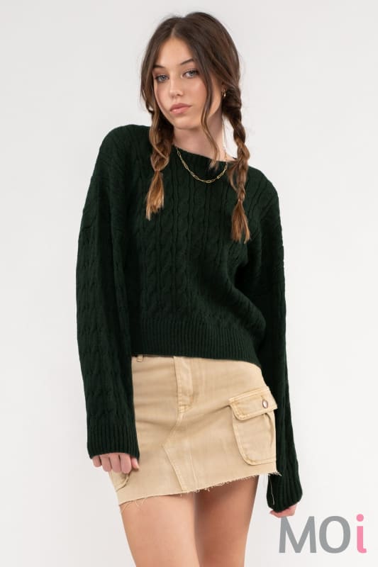 Crew Neck Cable Knit Sweater Hunter Green