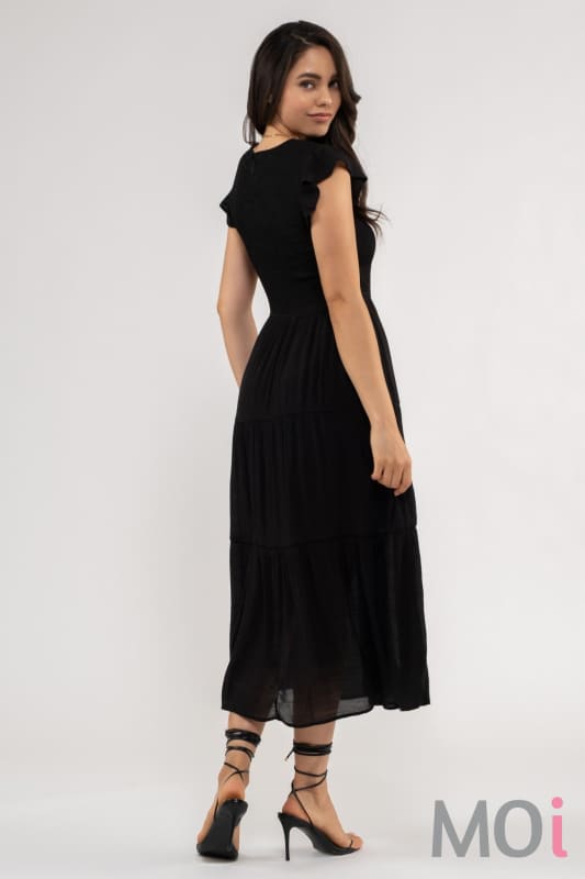 Smocked Tiered Midi Dress Black