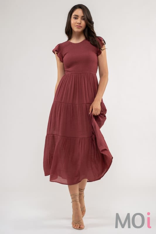 Smocked Tiered Midi Dress Rasberry