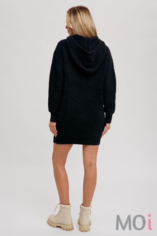 Chunky Waffle Hoodie Tunic Black