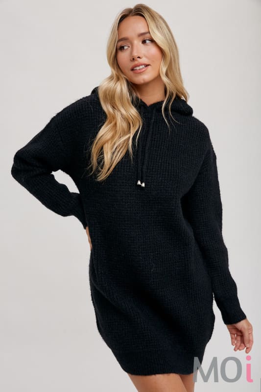 Chunky Waffle Hoodie Tunic Black