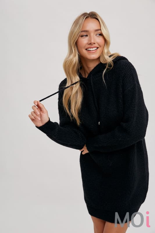 Chunky Waffle Hoodie Tunic Black