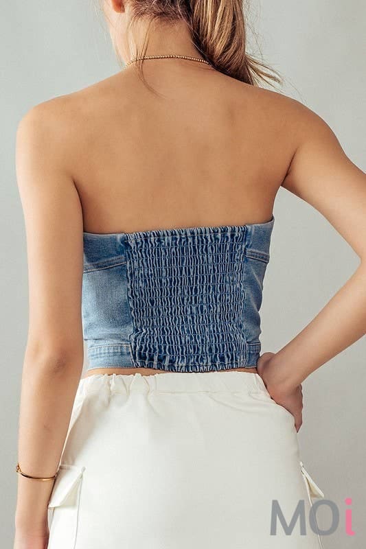 BUTTON FRONT DENIM CROP TUBE TOP