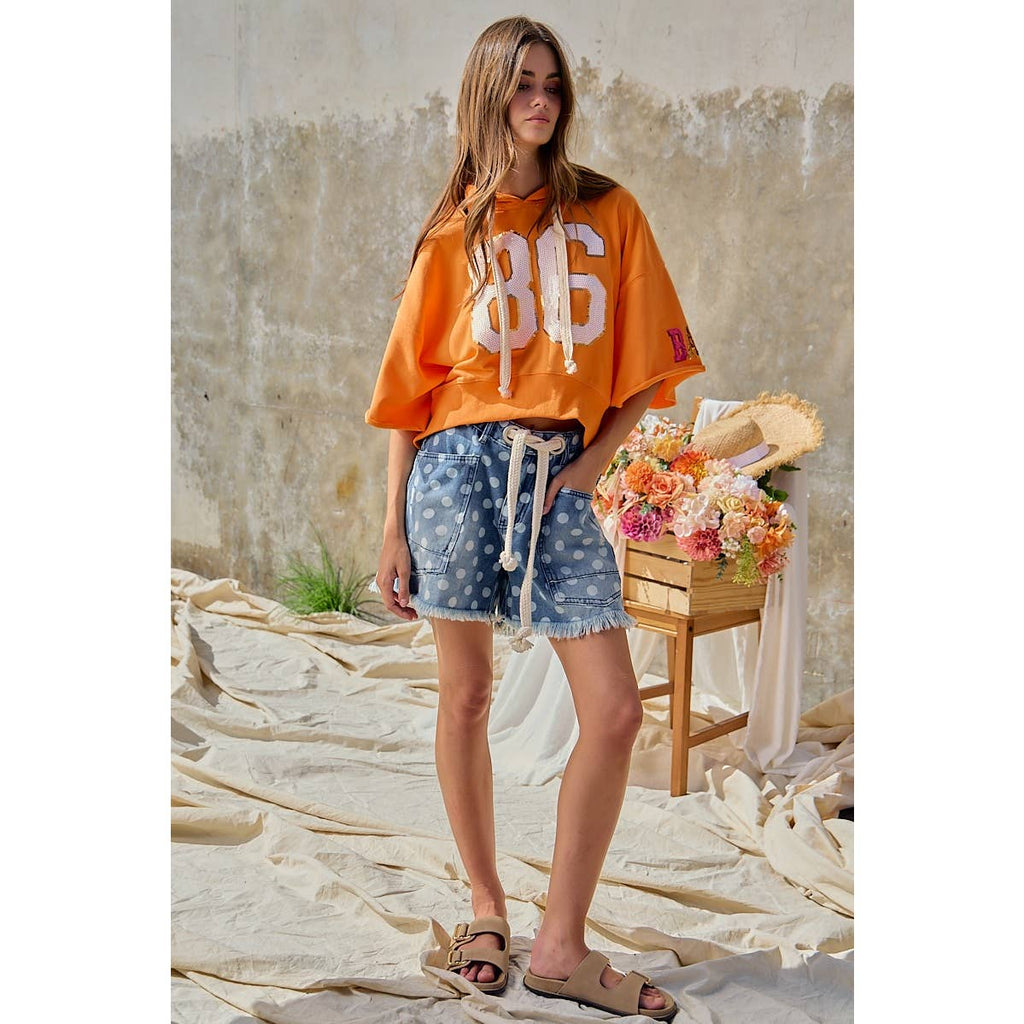 Polka Dot Printed Denim Shorts With Belt