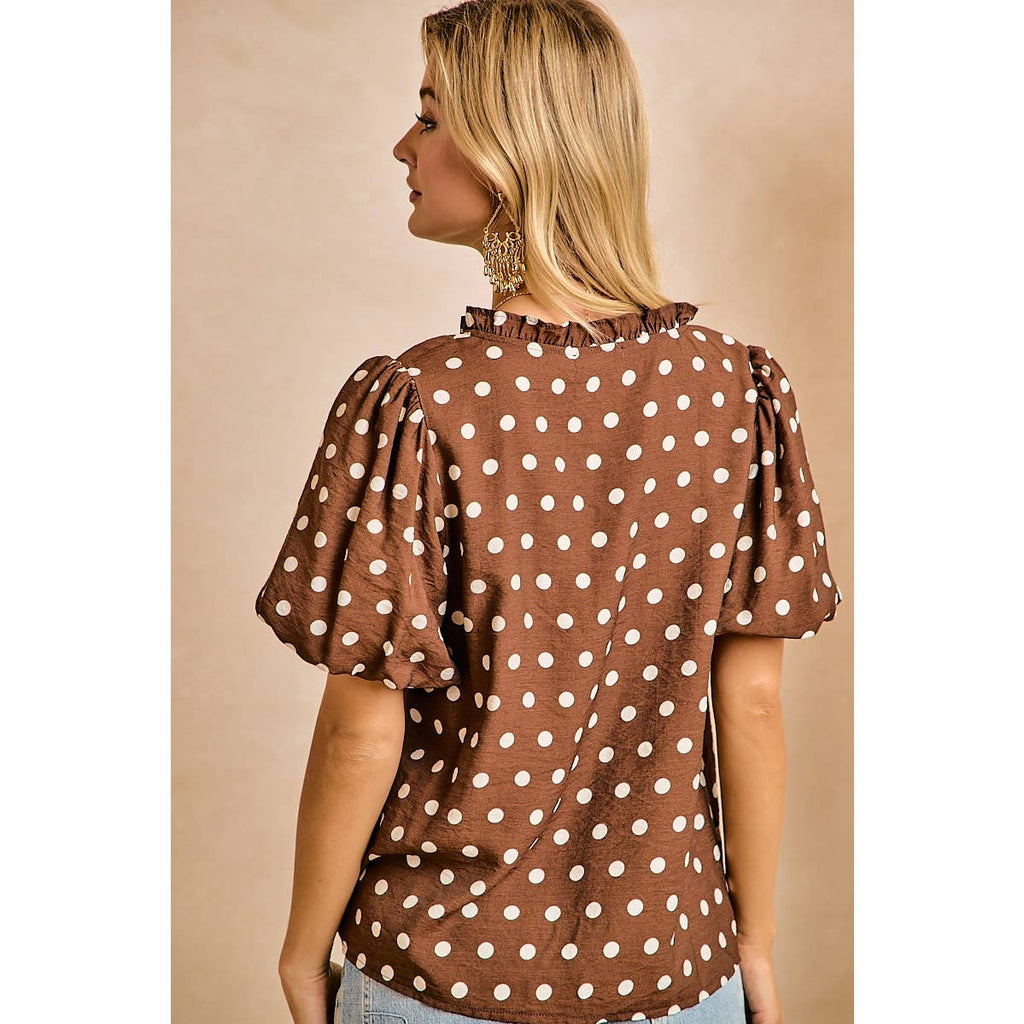 POLKA DOT PRINTED WOVEN RUFFLED V NECK TOP