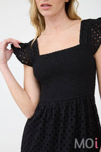 Eyelet Square Neck Smocked Tiered Midi Dress
