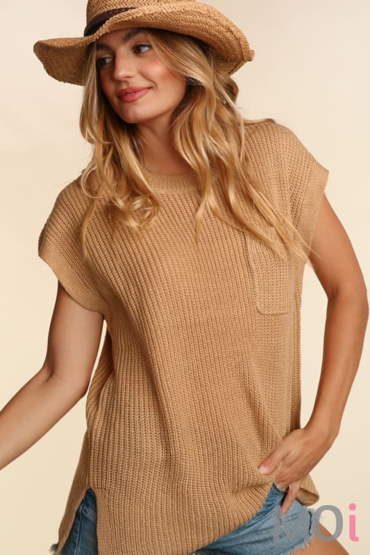Round Neck Dolman Short Sleeve Sweater Taupe