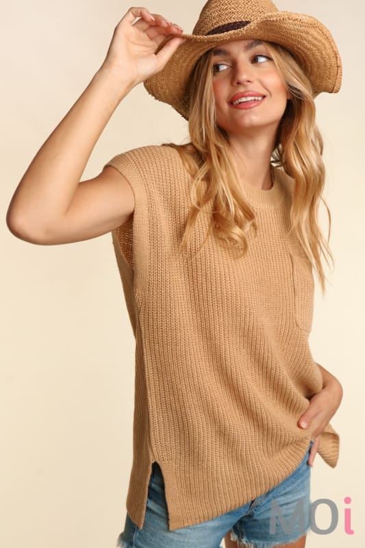 Round Neck Dolman Short Sleeve Sweater Taupe