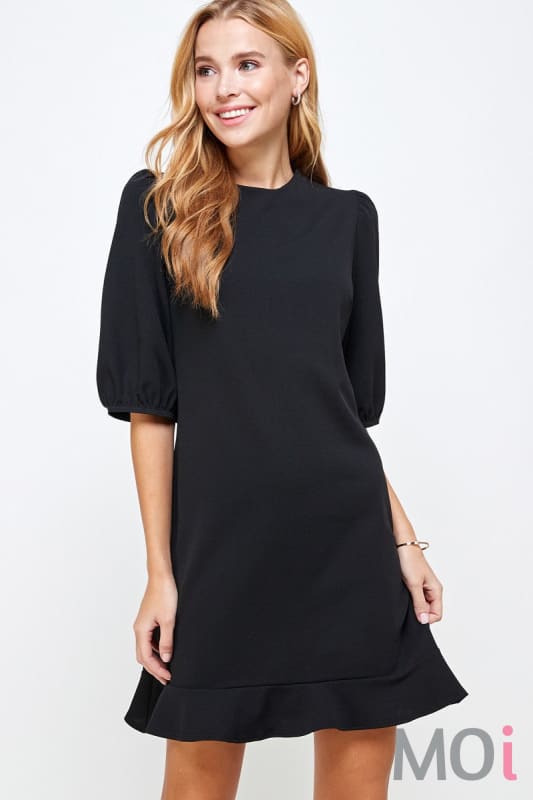 Solid Puff Sleeve Dress Black