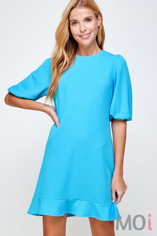 Solid Puff Sleeve Dress Aqua
