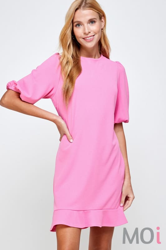 Solid Puff Sleeve Dress Pink