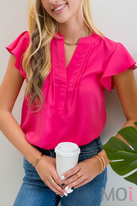 Pleated Flutter Sleeve Top Several Colors