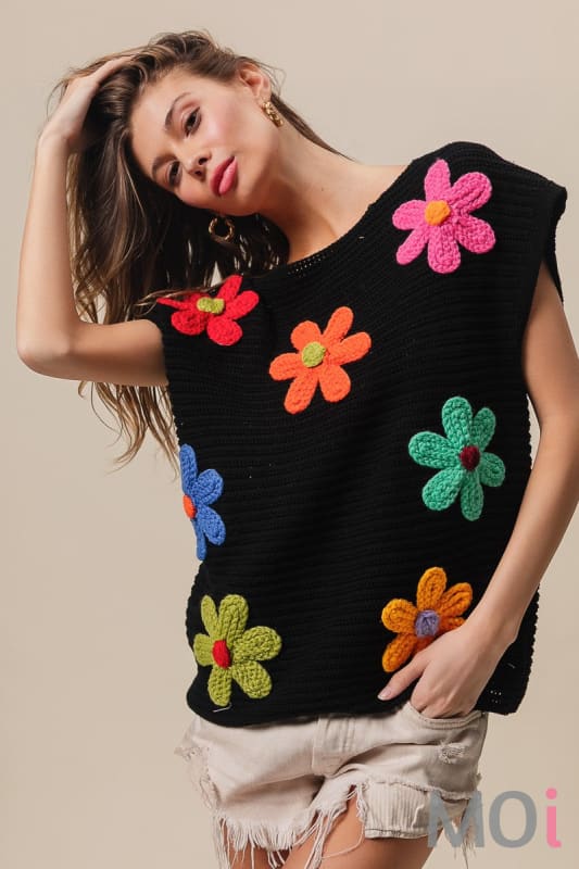 Crochet Flower Embroidery Knit Top Black