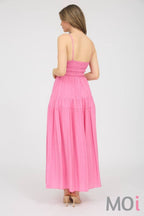 V NECK SHIRRED WAIST SLEEVELESS MIDI DRESS