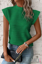 Wavy Texture Cap Sleeve Top Green
