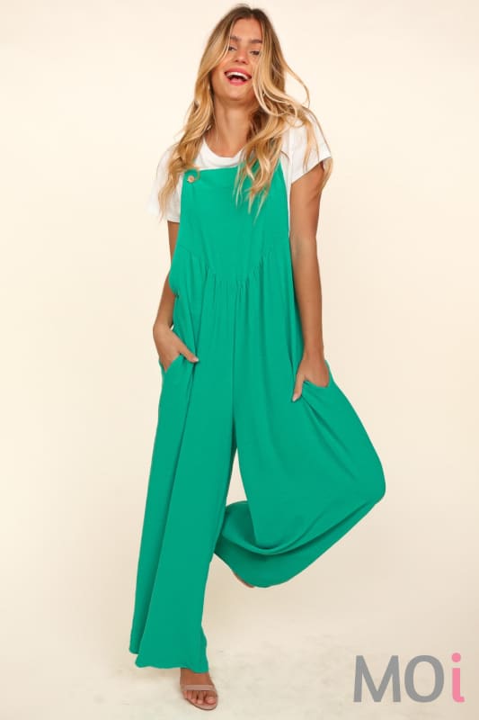 Solid Wide Leg Overalls Emerald