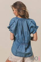 Ruffled Washed Denim Top