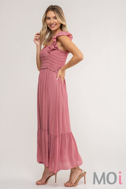 Smocked Ruffle Sleeve Midi Dress Pink