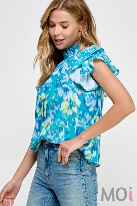 Ruffled Neckline Top Teal