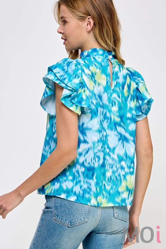 Ruffled Neckline Top Teal