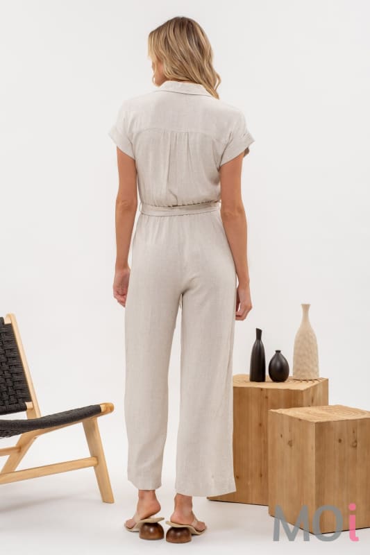 Button Down Belted Jumpsuit Natural