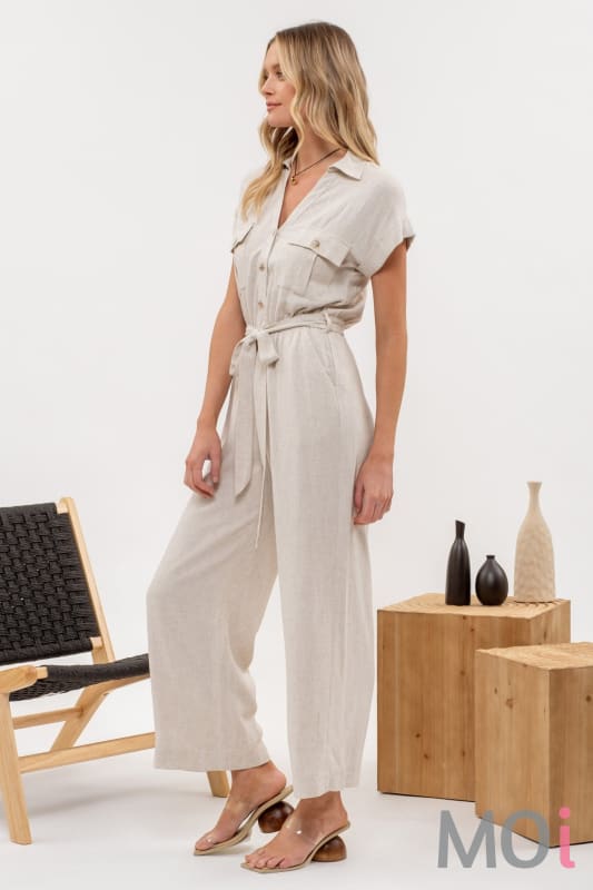 Button Down Belted Jumpsuit Natural