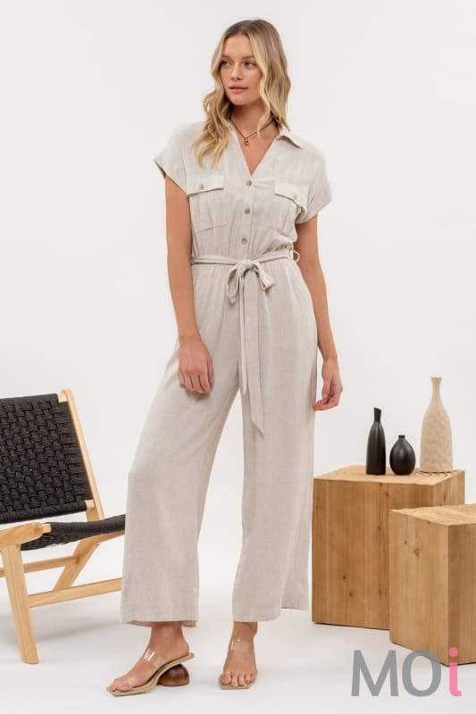 Button Down Belted Jumpsuit Natural