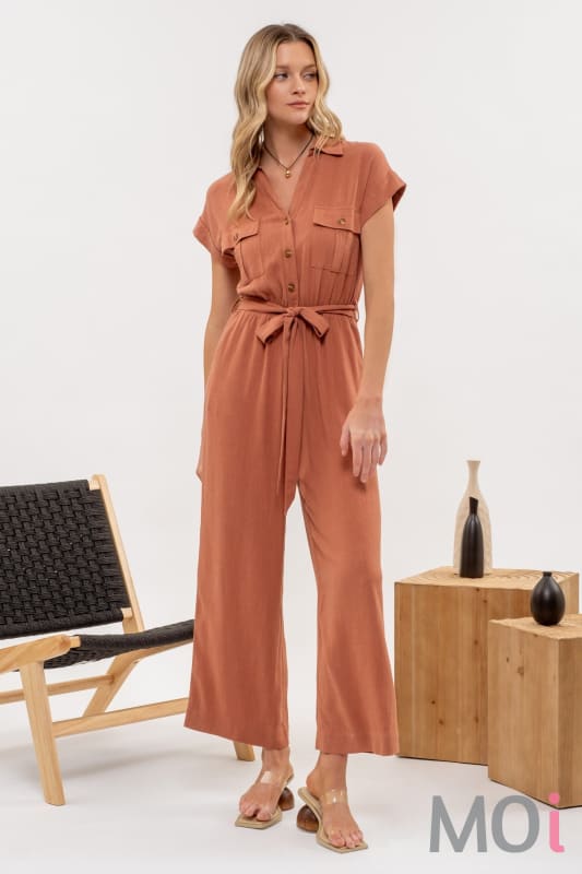 Button Down Belted Jumpsuit Sienna