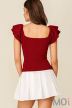 Ruffled Tiered Cap Sleeve Ribbed Knit Sweater Top