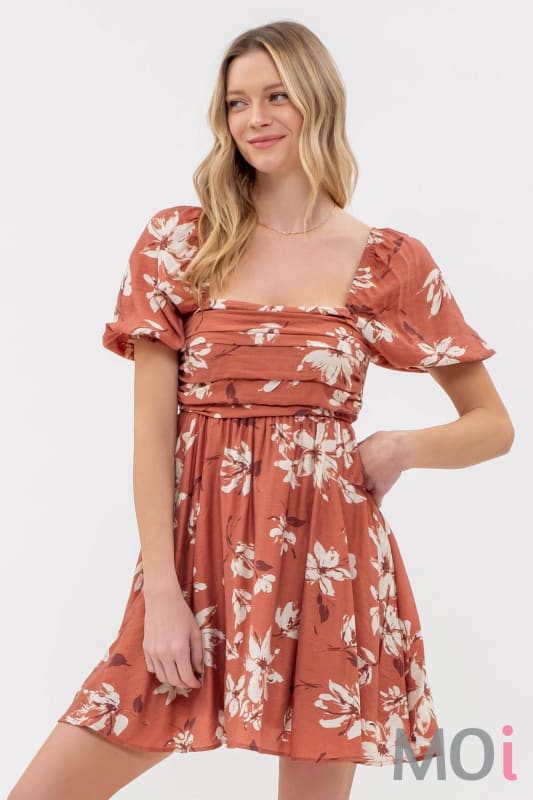 Floral Pleated Puff Sleeve Mini Dress