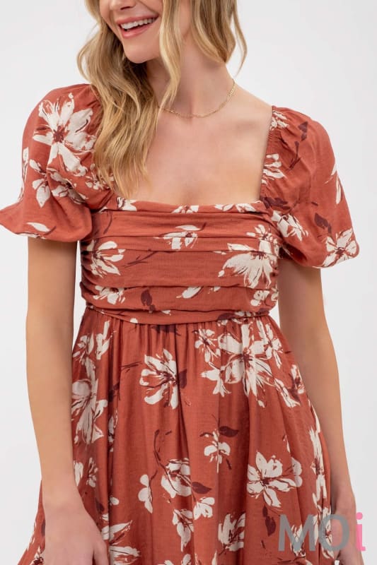 Floral Pleated Puff Sleeve Mini Dress