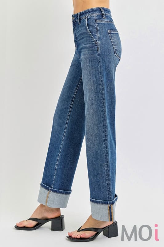 Tummy Control High Rise Ankle Wide Cuffed Jean