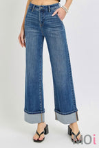 Tummy Control High Rise Ankle Wide Cuffed Jean