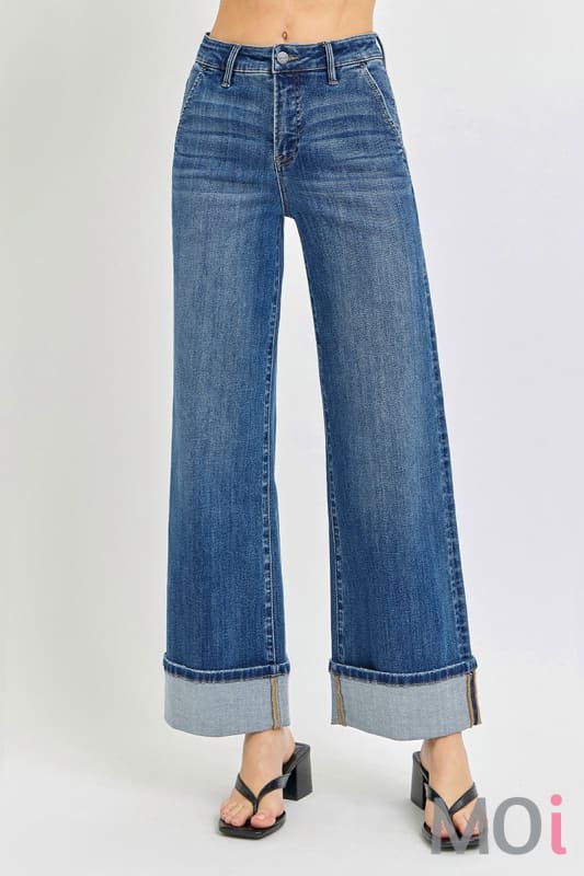 Tummy Control High Rise Ankle Wide Cuffed Jean