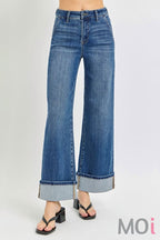 Tummy Control High Rise Ankle Wide Cuffed Jean